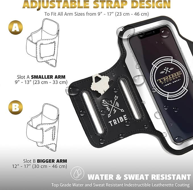 TRIBE Running Phone Holder Armband. iPhone & Galaxy Cell Phone Sports Arm Bands for Women, Men, Runners, Jogging, Walking, Exercise & Gym Workout. Fits All Smartphones. Adjustable Strap, CC/Key Pocket