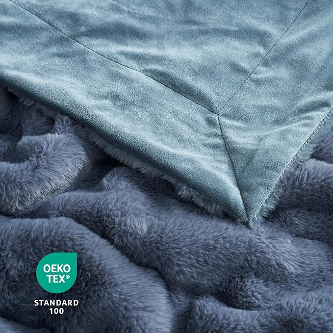 Cozy Bliss Faux Fur Throw Blanket for Couch, Cozy Warm Plush Striped Blanket for Sofa Bedroom Living Room, 90 * 90 Inches Blue