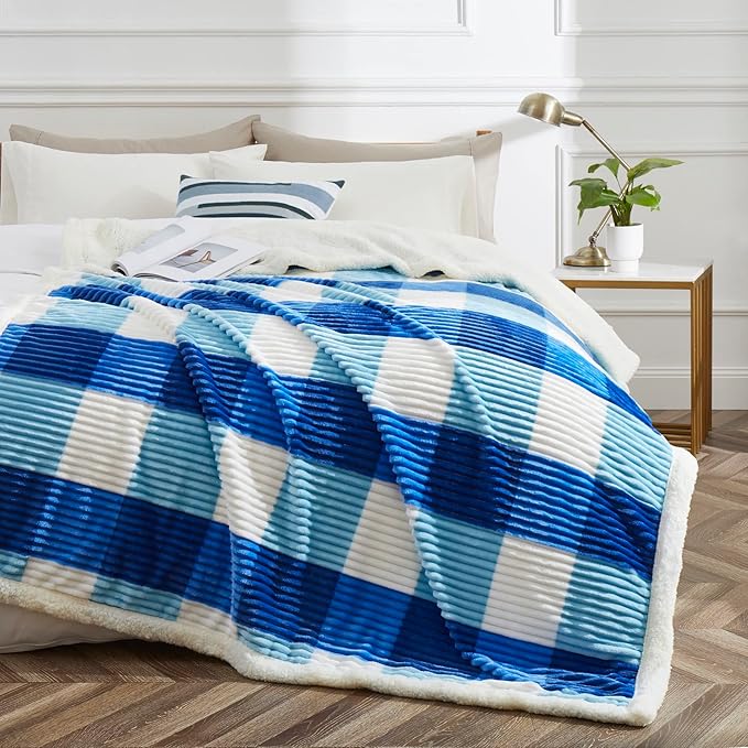 PU MEI Sherpa Blanket Twin Plaid Thick Bed Blanket, 60”*80” Super Soft Flannel Fuzzy Fleece Reversible Velvet Plush Warm Blanket for Couch (Blue Check, 60"*80")