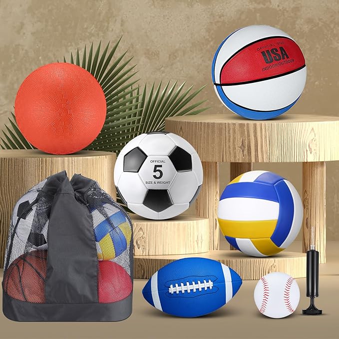 Libima 6 Pcs Multi Sport Ball Set Official Size Football, Basketball, Soccer, Volleyball, Playground Ball, Baseball with Sports Equipment Bag Pump for Teen Adult Christmas School Gift