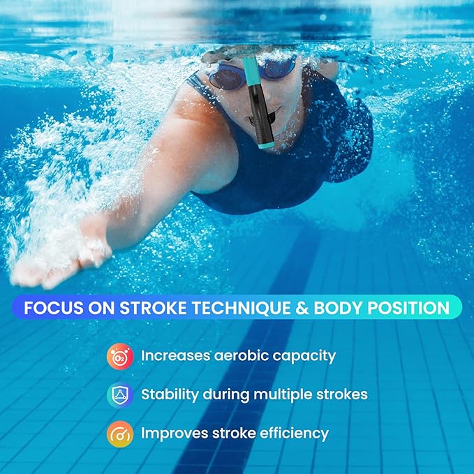 Swimmer's Snorkel for Lap Swimming, Adult Snorkeling Gear Swim Training, Center-Mount Silicone Mouthpiece One-Way Purge Valve in Pool and Open Water