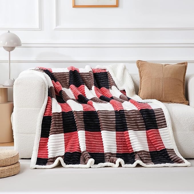 PU MEI Sherpa Blanket Twin Plaid Thick Bed Blanket, 60”*80” Super Soft Flannel Fuzzy Fleece Reversible Velvet Plush Warm Blanket for Couch (Black Red Check)
