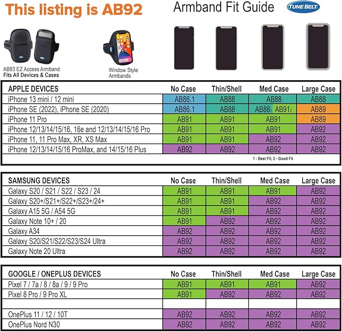 Tune Belt AB92 Cell Phone Armband for Running - Fits iPhone 16/15/14/13 Pro Max, Plus, Samsung Galaxy Ultra/Plus/Note and Large Phones with Protective Cases, Sweat-Resistant Exercise Holder (Black)