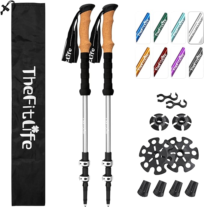 TheFitLife Trekking Poles - Lightweight 7075 Aluminum Hiking Sticks with Cork Grips, Adjustable Telescopic Design, Metal Flip Lock for Men & Women - Perfect for Hiking, Walking, Camping & Backpacking