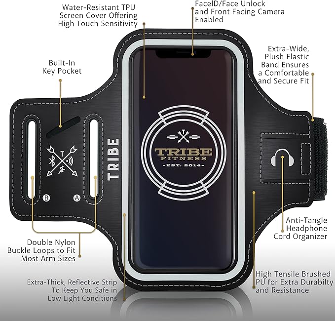 TRIBE Water Resistant Cell Phone Armband Case Running Holder for iPhone Pro Max Plus Mini SE (13/12/11/X/XS/XR/8/7/6/5) Galaxy S Ultra Plus Edge Note (21/20/10/9/8/7/6/5) Adjustable Strap & Key Pocket