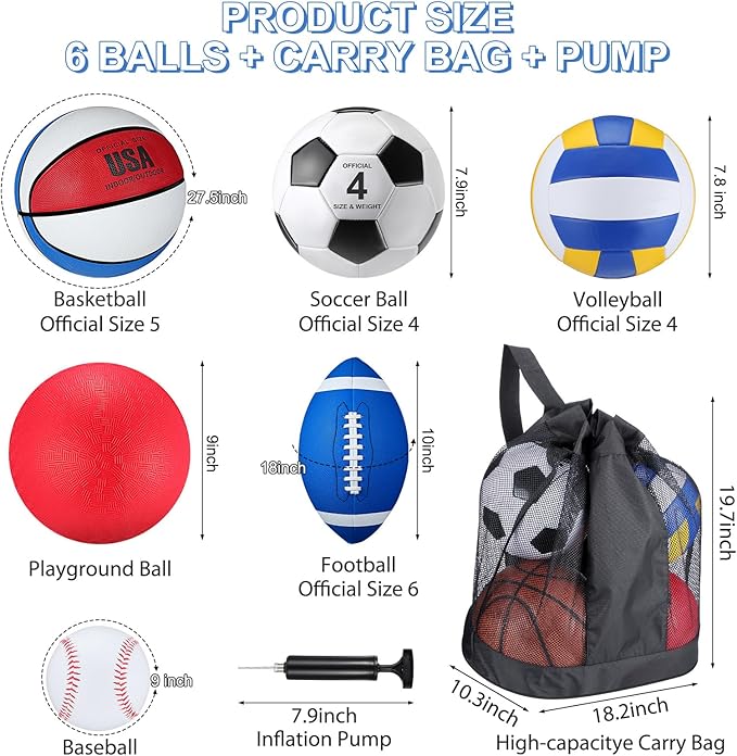 Realspring 6 Pcs Multi Sport Ball Set for Kid Teen Operation Christmas Official Size Football, Basketball, Soccer, Volleyball, Playground Ball, Baseball with Sports Equipment Bag Pump
