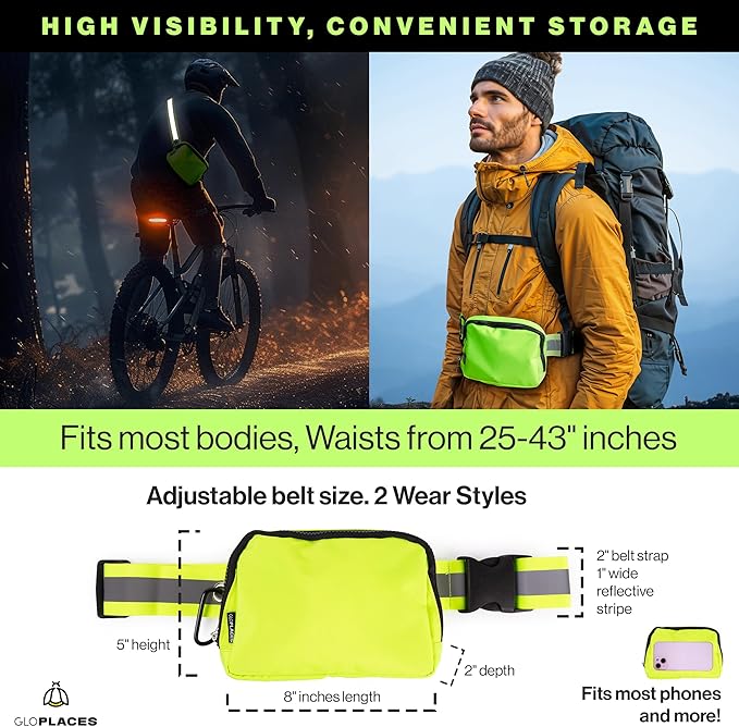 Reflective Belt Bag Night Sash for Night Safety - High Visibility Hip Bag Waist Pack with Large Storage Pouch - Adjustable Night Fanny Pack for Dog Walking, Hiking, Biking