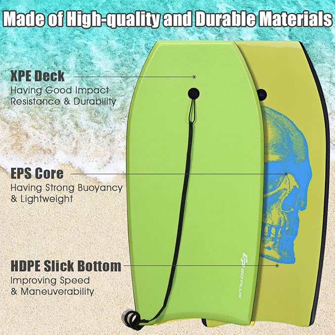 Goplus 41''/37''/33'' Lightweight Body Board for Beach, Surf Board with EPS Core, XPE Deck, HDPE Slick Bottom, Wrist Leash, Bodyboard for Kids Adults Surfing