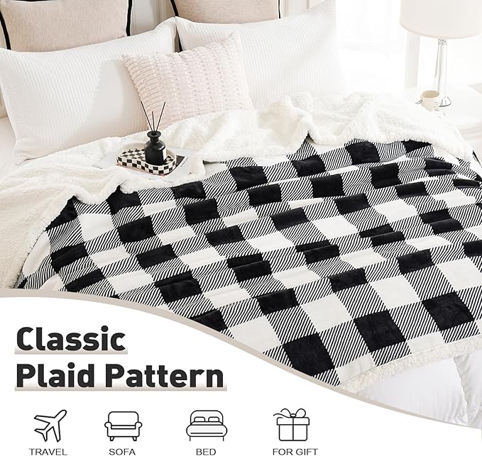 PU MEI Sherpa Fleece Throw Blanket 60" x 80" Reversible Plush Fluffy Large Big Blanket Lattice Flannel Blankets for All Season Use, Black and White