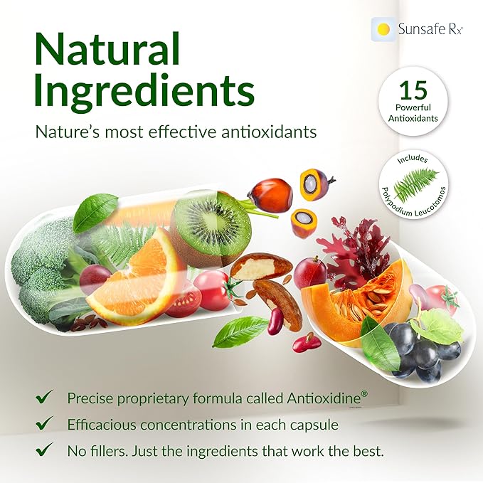 Sunsafe Rx Anti Aging Supplement: Natural Skin Protection Pills with Antioxidants for a Youthful Appearance & Eye Health + Vitamins, Minerals, & 250mg Polypodium Leucotomos (30 Capsules)