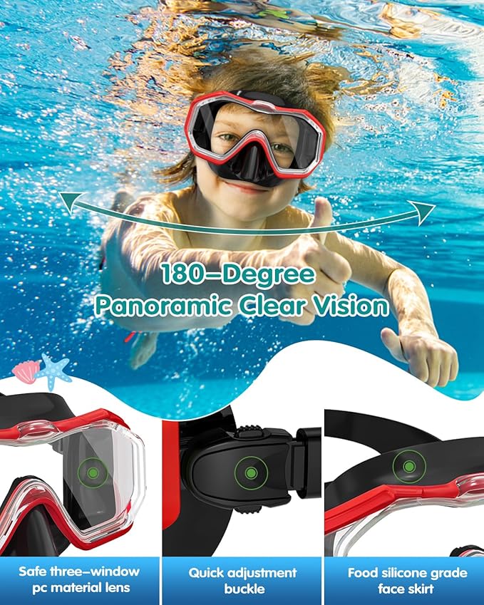 W WSTOO Kids Swim Goggles with Nose Cover,Snorkel Diving Swimming Mask for Youth 5-15,HD 3-Window Wide Vision Anti-Shattered Lens Anti-Fog&Leak