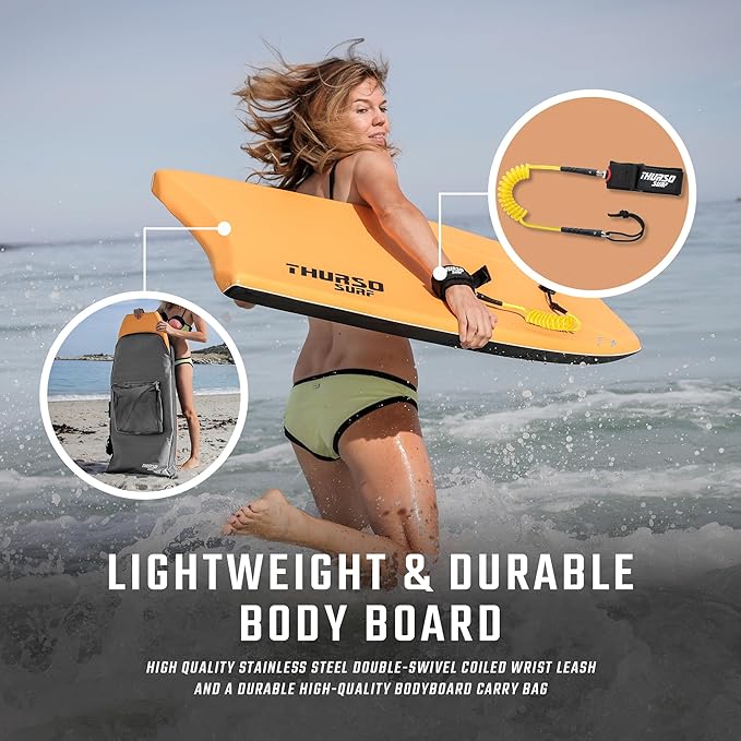 THURSO SURF 42'' Body Boards for Beach Pool Lightweight PE Core IXPE Deck HDPE Bottom FRP Stringers High Performance Body Board with Double Swivel Surf Leash and Bodyboard Bag Lightning