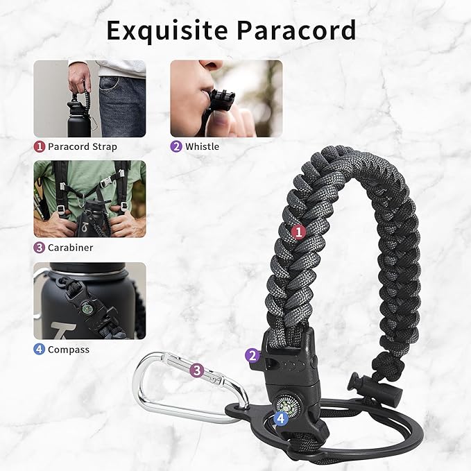 Trebo 32 oz Water Bottle Insulated with Paracord Handle and 3 Lids, Leakproof Stainless Steel Vacuum Water Jug Keep Cold 48 Hours, BPA-Free Gym Water Flask for Men Women Sports, Travel, Dark Gray