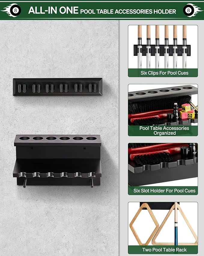 Wall Mount Pool Stick Holder - Billiards Pool Cue Rack Hardwood Pool Cue Set Holder for 6 Cues Sticks Storage Pool Table Accessories Equipment Organizer