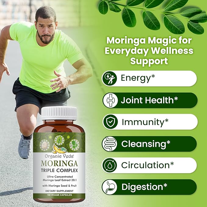 Organic Veda Moringa Capsules Triple Complex - 20 X Concentrated Organic Moringa Leaf Extract with Seed & Fruit Powder Vitamin, Antioxidant - Joints & Energy Support - 180 Vegan Capsule