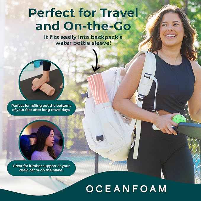Oceanfoam Ripple Travel Foam Roller (11" x 3.35") Firm Mini Foam Roller for Physical Therapy, Deep Tissue Massage, Back Pain - High Density, Ergonomic Wave Textured - Yoga, Pilates, Exercise (Blush)
