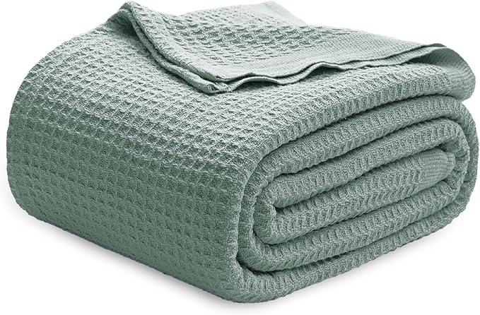 Bedsure 100% Cotton Blanket Queen Size for Bed - Breathable and Soft, Waffle Weave Blanket for Summer, Thick Cozy Fall Blankets for Women Gift, Sage Green, 90x90 Inches