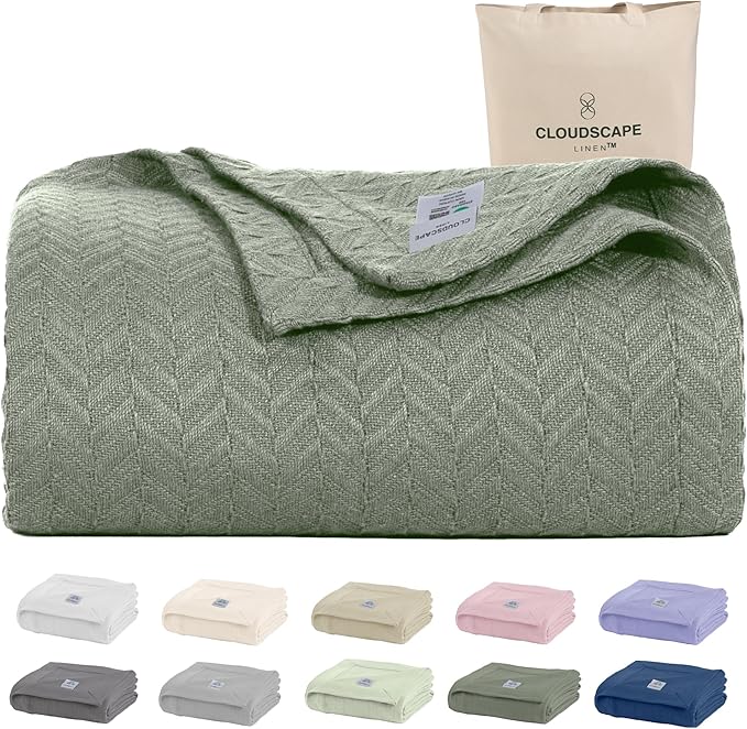 Cloud Scape Linen 100% Cotton Queen Size Blanket, Herringbone Pattern, Lightweight Summer Blanket,Best Gifts for Women, fits Full Size Bed, 92 x 92, Olive Green