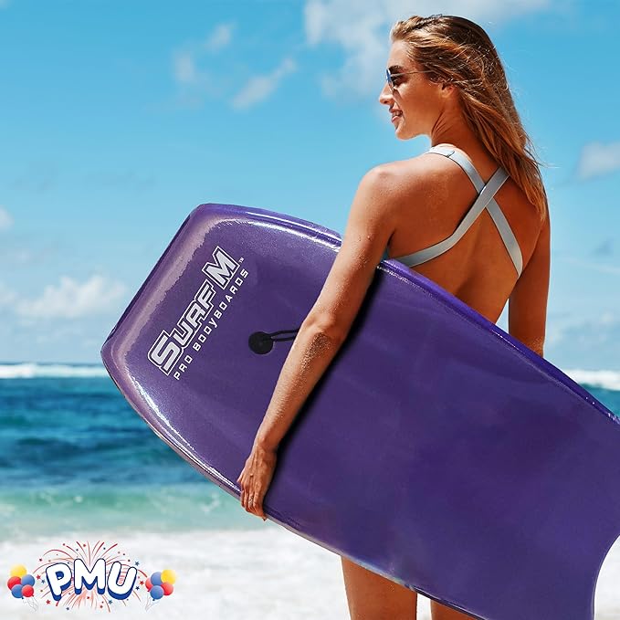 PMU 33 Inch Purple Bodyboard - Lightweight Wrist Leash, Slick Bottom Boards for Beach, Sea & Pool - Surfing Board for Kids, Teens & Adults Wave Conditions Pkg/1