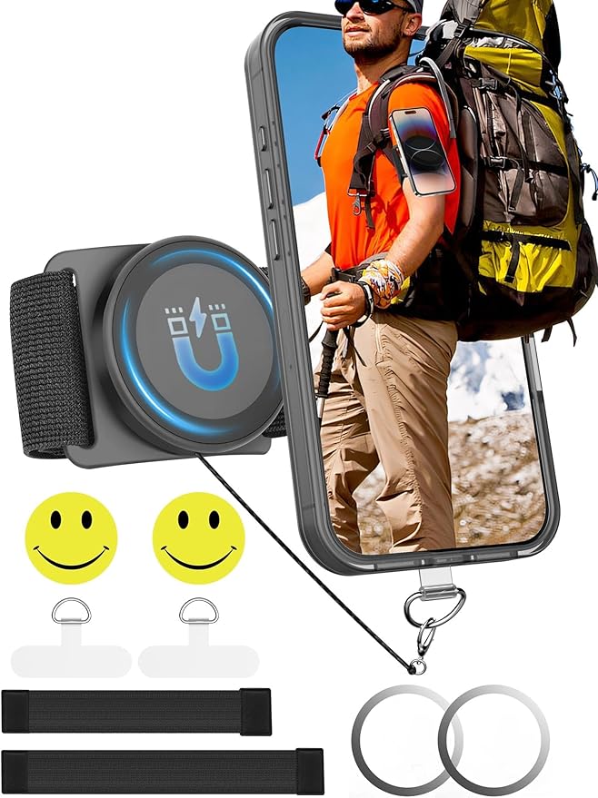 TOPGO [2 Generation Upgrad] Running Phone Holder for iPhone [360° Rotatable & Built-in Retractable Rope] Magnetic Wrist Phone Holder, Magsafe Armband for iPhone 17 Pro and Android (Black, 2 Straps)