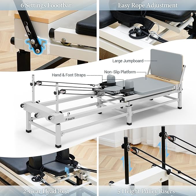 PAETA Pilates Reformer, 91" Foldable Reformer Pilates Machine with Adjustable Reformer Heights, Pilates Equipment with Piano Wire Spings and Jump Boards