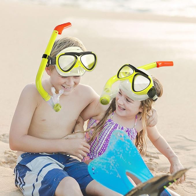 GreenLF Kids Snorkel Set, Anti-Fog Snorkeling Mask with Nose Covers for Youth Junior Child, Boys & Girls Age 5-12, Semi-Dry Diving Scuba Swimming Goggles Gear Packages