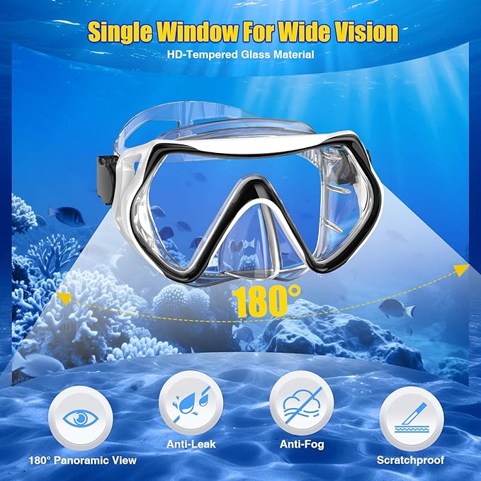 Snorkeling Gear, Dry Snorkel Set180° Panoramic Wide View,Anti-Fog Scuba Diving Mask, Professional Snorkeling Gear for Free Breathing, Swimming, Diving