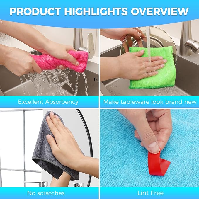 Microfiber Cleaning Cloth, Pack of 15, Lint Free, Absorbent, Streak Free, Non-Abrasive, Reusable and Washable，Cleaning Towels with 5 Color Assorted,11.5"X11.5"(Green/Blue/Yellow/Pink/Grey)