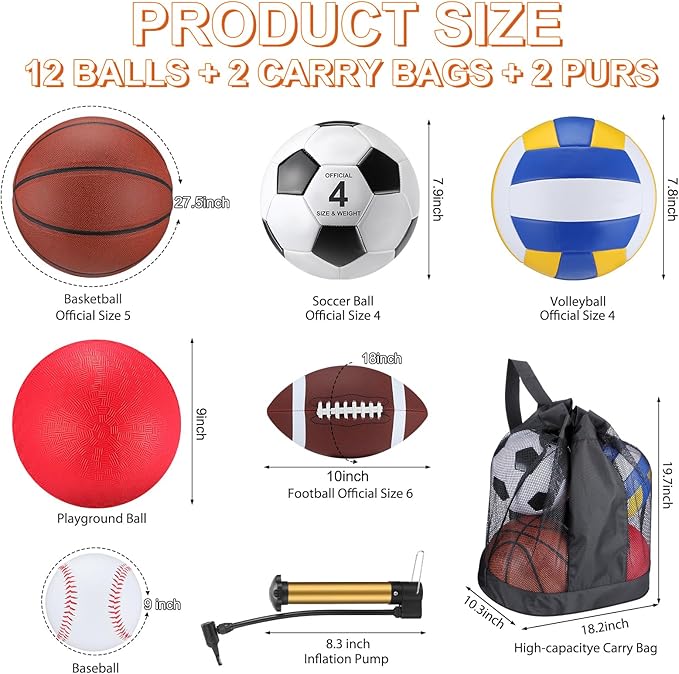 Deekin 12 Pcs Assorted Sport Ball Set Official Size Basketball, Football, Volleyball, Soccer, Baseball, Playground Ball with Bag and Pump Gift for Kid Youth Adult Back to School