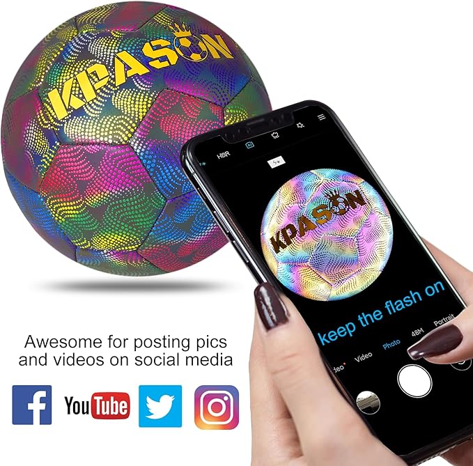 Soccer Ball, Holographic Reflective Glowing Soccer Ball for Men Women Training
