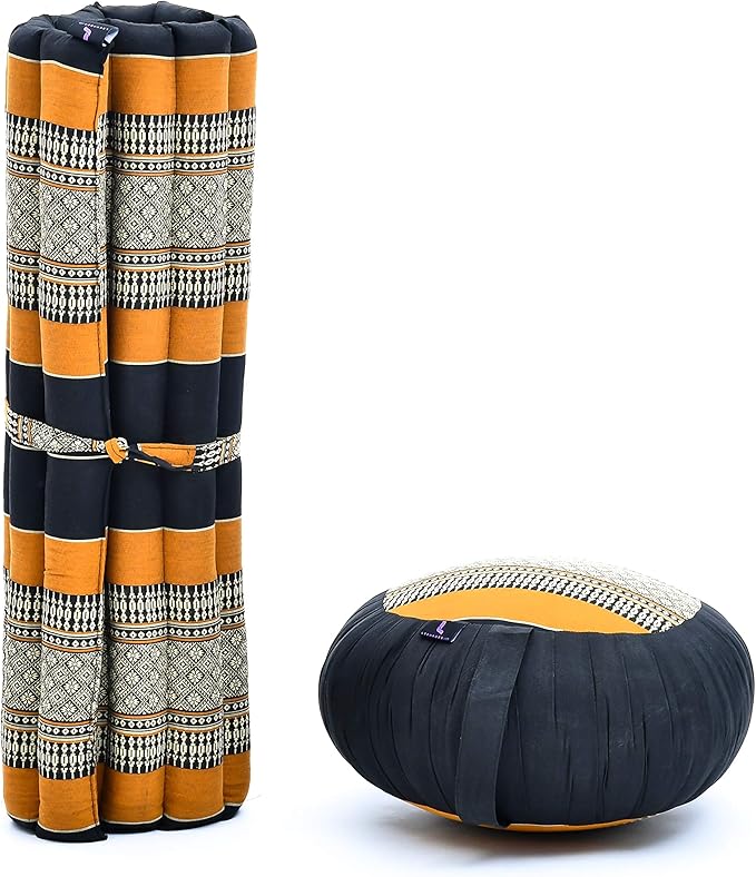 Leewadee Meditation Cushion Set – 1 Round Zafu Meditation Pillow and 1 Square Roll-Up Zabuton Meditation Mat, Pillows Bundle Filled with Kapok