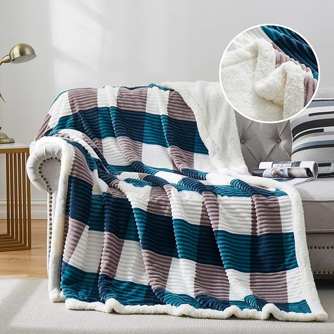 PU MEI Sherpa Blanket Twin Plaid Thick Bed Blanket, 60”*80” Super Soft Flannel Fuzzy Fleece Reversible Velvet Plush Warm Blanket for Couch (Teal Check, 60"*80")