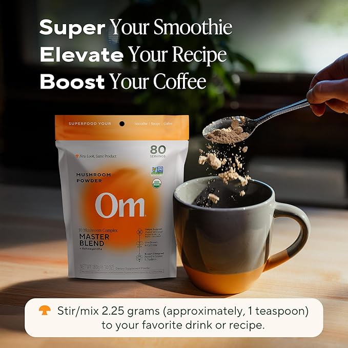 Om Master Blend Mushroom Powder – Organic Mushroom Supplement with 10 Mushrooms and Ashwagandha - Support Immunity, Gut Health & Stress Relief, 6.34 oz (80 Servings)