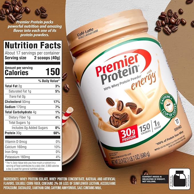 Premier Protein Powder, Cafe Latte, 30g Protein, 1g Sugar, 100% Whey Protein, Keto Friendly, No Soy Ingredients, Gluten Free, 17 Servings, 23.9 Ounce (Pack of 1)