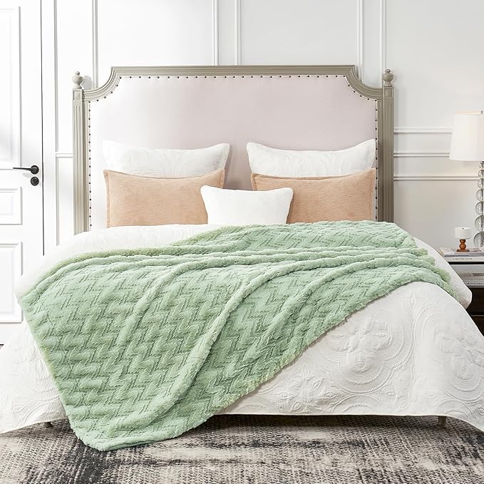 Cozy Bliss Faux Fur Throw Blanket for Couch - Soft Fuzzy Cozy Throw Gift Blankets for Women,Sage Green Boho Blanket for Sofa Bedroom Living Room.50 * 60 Inches