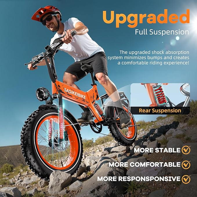Folding Electric Bike for Adults, 20'' 1500W Peak Fat Tire Ebike, Up to 70 Miles 30+MPH Electric Mountain Bike with 52V 20AH Removable Battery, Dual Suspension, 7-Speed,UL Certified