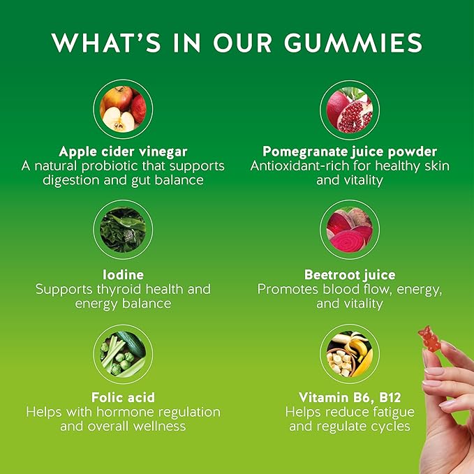 Apple Cider Vinegar Gummies – Metabolism & Detox Support with Vitamins B6, B12, Iodine & Folic Acid – Vegan. Balanced Gut (60 Gummies)