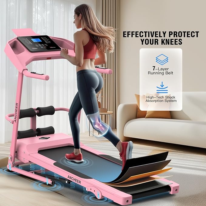 ANCHEER Foldable Treadmill with Sit Up Bench, 2025 Upgrade 3.5HP Portable Treadmills for Home with Incline 350 lbs Capacity, Smart LCD Display Body Fat& Heart Rate, Multifunction Exercise Equipment