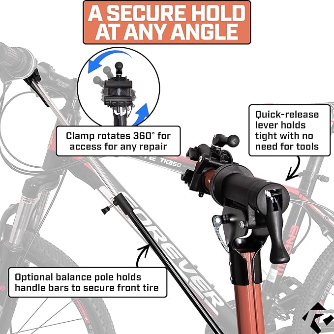 Revere Bike Repair Stand & Storage Bag, Telescoping Arm, Rotating Clamp, Magnetic Tool Tray, and Adjustable Handlebar Rod - Heavy Duty, Sturdy, Adjustable (Orange)