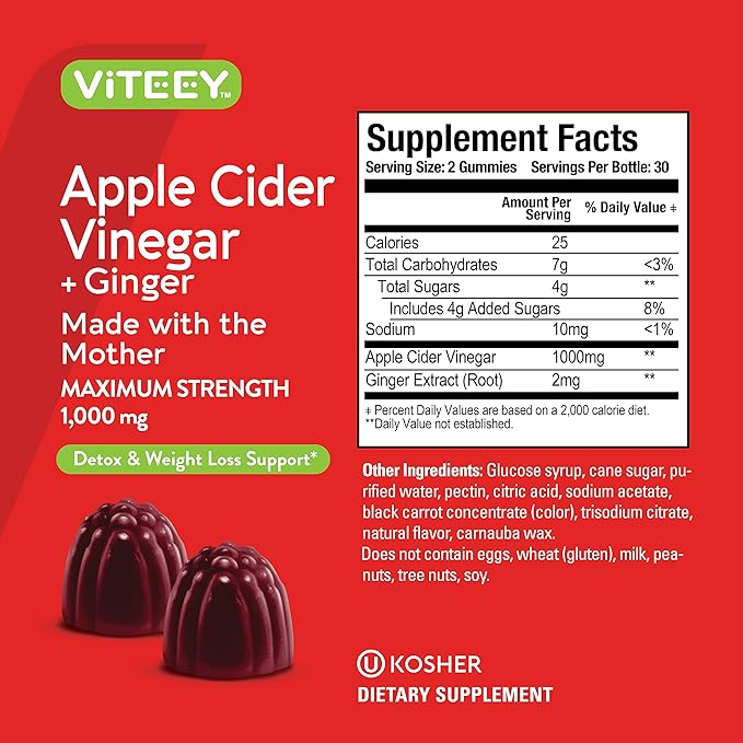 Viteey Apple Cider Vinegar Gummies and Ginger – 1000 mg ACV Gummies for Weight Loss, Detox and Digestion – Vegan, Gluten-Free – 120 Count