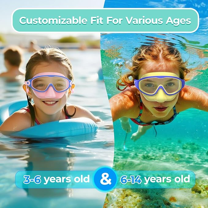 Swim Goggles for Kids 3-15 with Earplugs Large Frame Anti-Fog/UV Swimming Goggles for Boys Girls Toddler 2PCS
