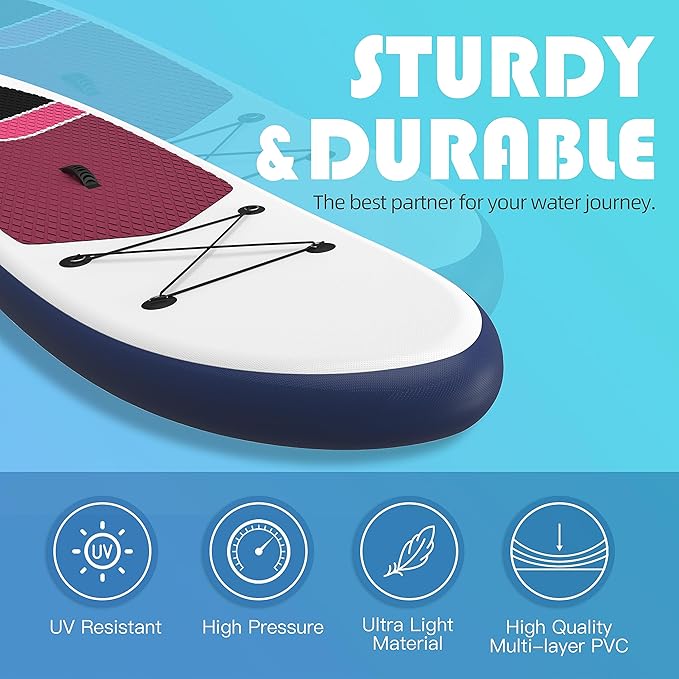 Inflatable Stand Up Paddle Board with SUP Accessories & Backpack. Paddle Boards for Adults. Non-Slip Deck, Wide Stance, Bottom Fin, Double Action Pump.