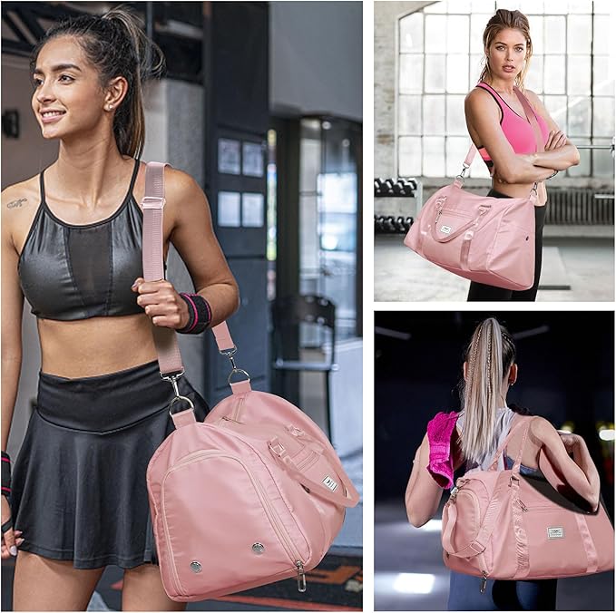 FIORETTO Womens Gym Tote Duffle Bag with Toiletry Bag, Sports Duffel Overnight Hospital Workout Carry on for Girls with Wet Pocket & Shoe Compartment, Ideal for Travel, Swimming, Dance Pink