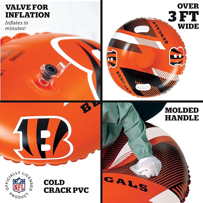 NFL Snow Tube, Heavy Duty Inflatable Sled for Tubing, Fun Winter Toys for Kids & Adults, Football Gifts for Boys - Cincinnati Bengals