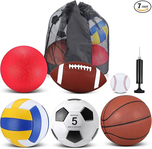 Libima 6 Pcs Multi Sport Ball Set Official Size Football, Basketball, Soccer, Volleyball, Playground Ball, Baseball with Sports Equipment Bag Pump for Teen Adult Christmas School Gift