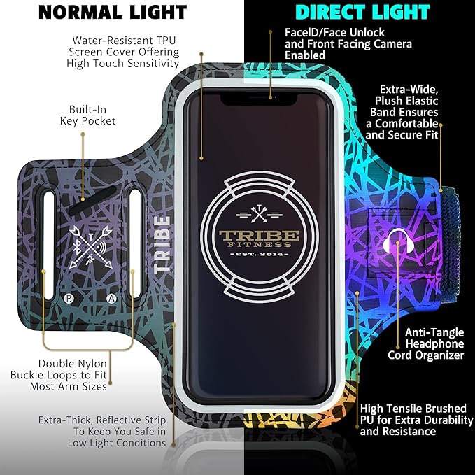 TRIBE Water Resistant Cell Phone Armband Case Running Holder for iPhone Pro Max Plus Mini SE (13/12/11/X/XS/XR/8/7/6/5) Galaxy S Ultra Plus Edge Note (21/20/10/9/8/7/6/5) Adjustable Strap & Key Pocket