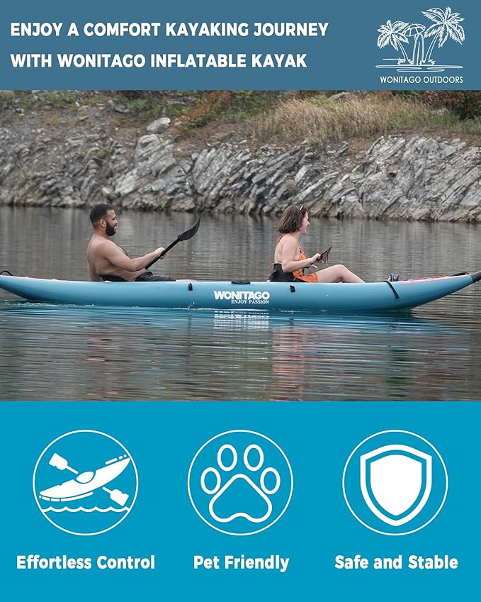 PVC Inflatable Kayak with Drop Stitch Floor, Recreational Touring Kayak with Kayak Paddle, Hand Pump and Carrying Bag, 1-2 Person