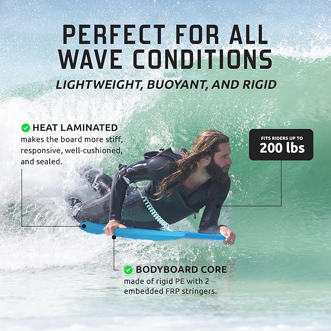 THURSO SURF 42'' Body Boards for Beach Pool Lightweight PE Core IXPE Deck HDPE Bottom FRP Stringers High Performance Body Board with Double Swivel Surf Leash and Bodyboard Bag Lightning