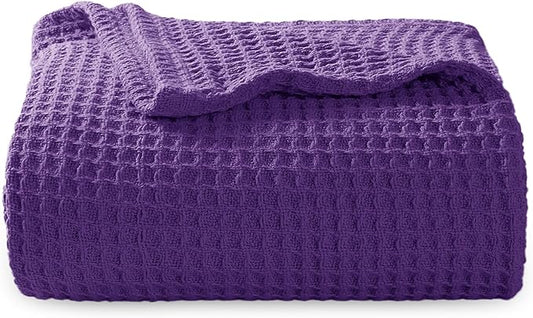 Bedsure 100% Cotton Large Throw Blanket for Couch 50x70 inches - Breathable and Soft, Waffle Weave Throw Blanket for Office, Purple