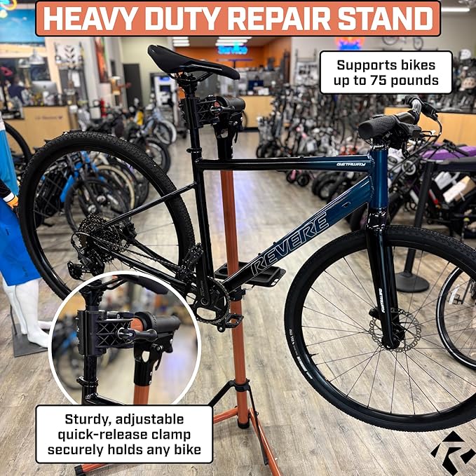 Revere Bike Repair Stand & Storage Bag, Telescoping Arm, Rotating Clamp, Magnetic Tool Tray, and Adjustable Handlebar Rod - Heavy Duty, Sturdy, Adjustable (Orange)